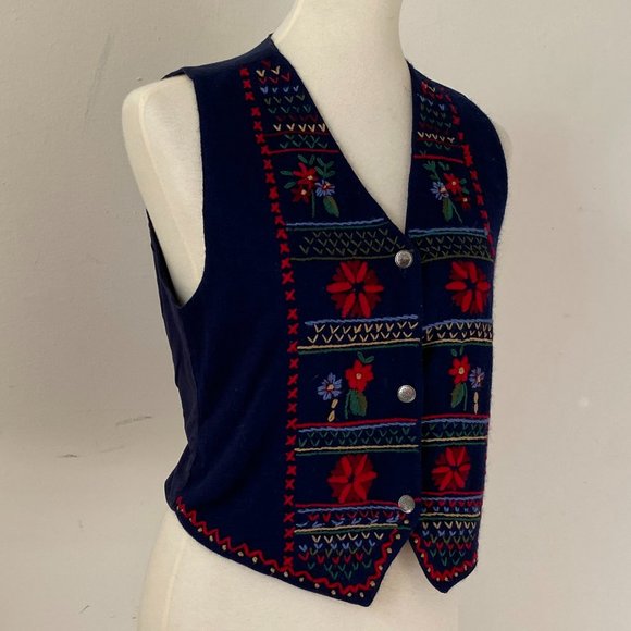 Vintage Embroidered Folk Art Vest Navy Blue Wool Button Up Vest - Picture 4 of 14